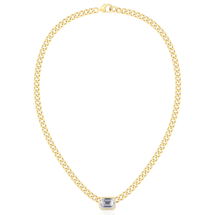 Bezel Set Emerald Cut Natural Diamond Cuban Chain Necklace Yellow Gold 14K 18K