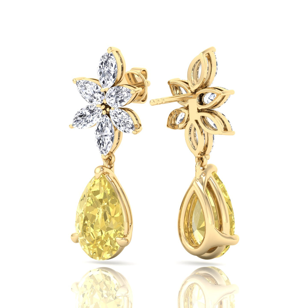 Pear & Marquise Cut Natural Diamond & Fancy Yellow Diamond Cluster Drop Earrings