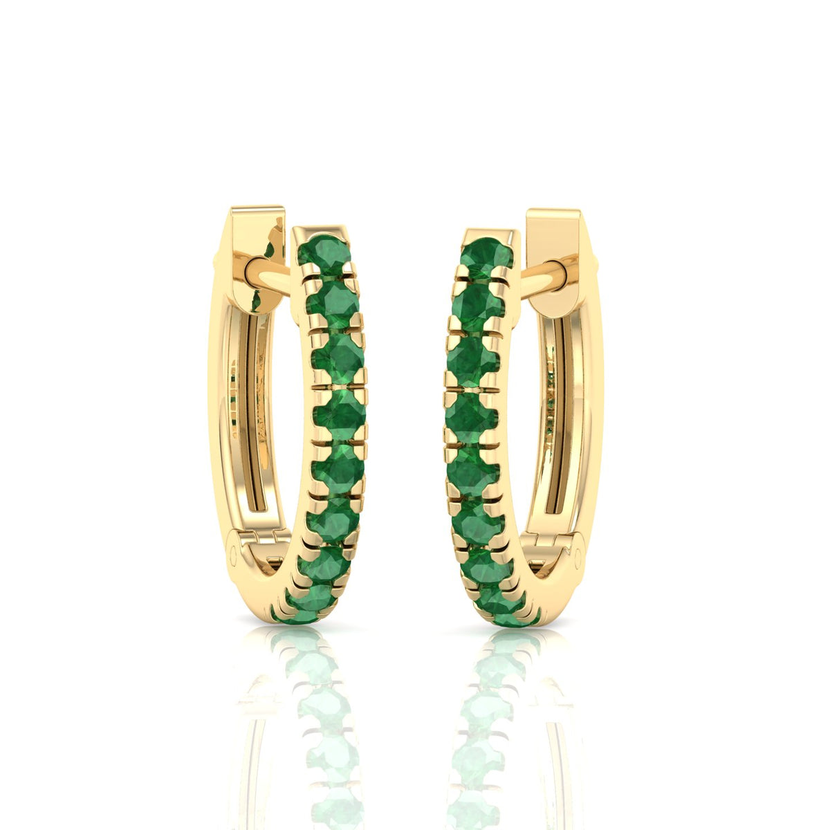 Natural Green Emerald Round Shape Huggie Hoop Earrings Yellow Gold 14K