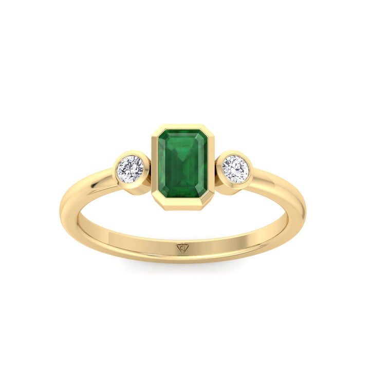 Bezel Set Three Stone Natural Green Emerald and Diamond Engagement Ring