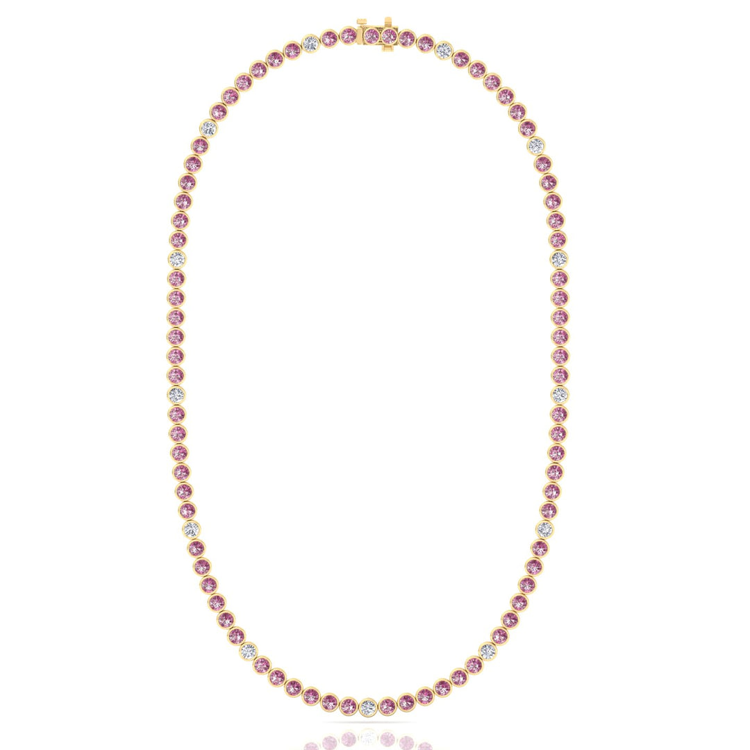 Bezel Set Natural Pink Sapphire Tennis Necklace with Diamonds
Yellow Gold 14K 18K