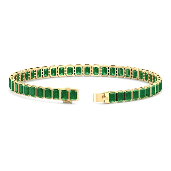 Bezel Set Emerald Cut Natural Green Emerald Tennis Bracelet Yellow Gold 14K