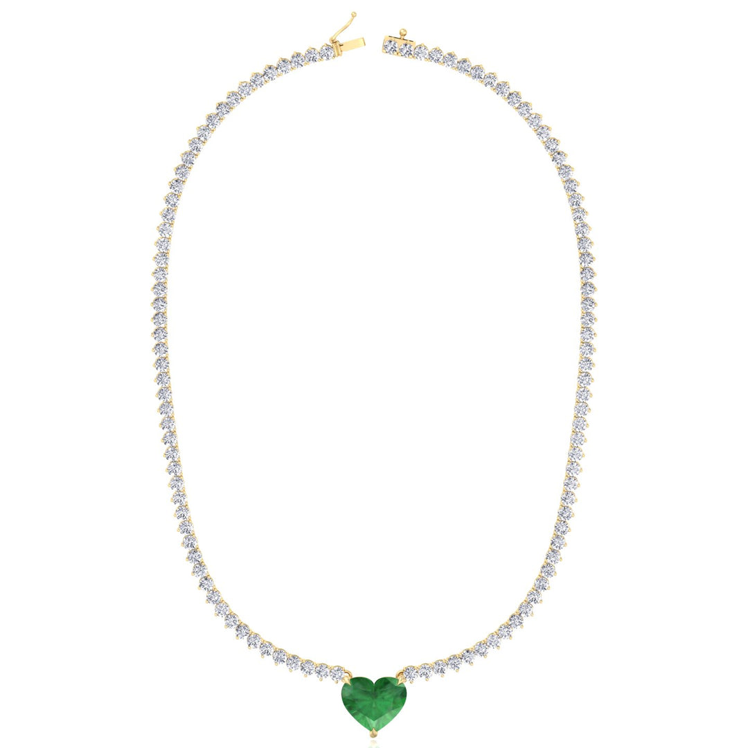  3-Prong Tennis Necklace with Green Emerald Heart Shape Pendant YG 2