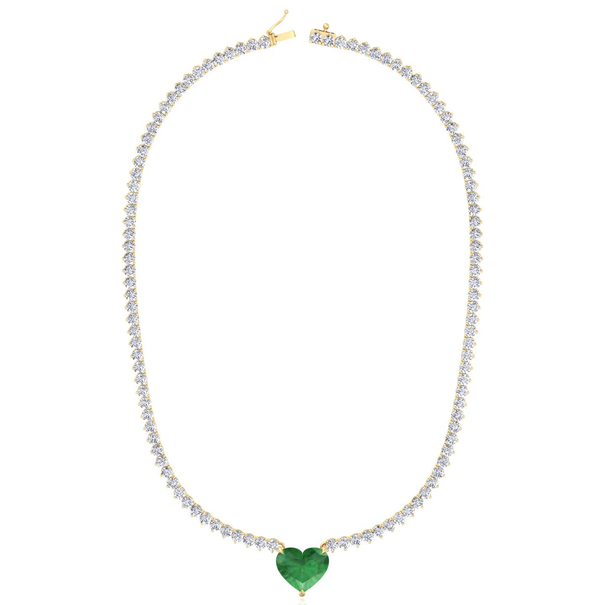  3-Prong Tennis Necklace with Green Emerald Heart Shape Pendant YG 2