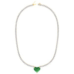  3-Prong Tennis Necklace with Green Emerald Heart Shape Pendant YG 2