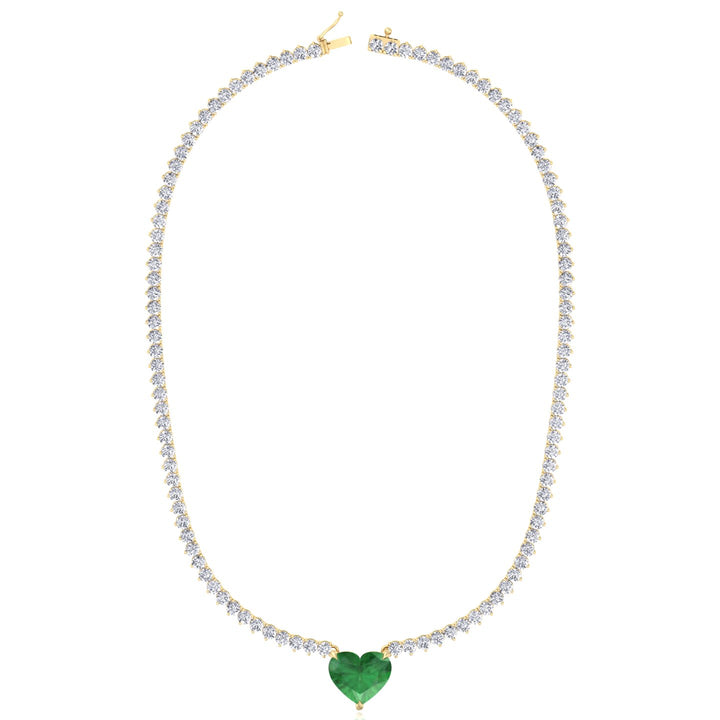  3-Prong Tennis Necklace with Green Emerald Heart Shape Pendant YG 2