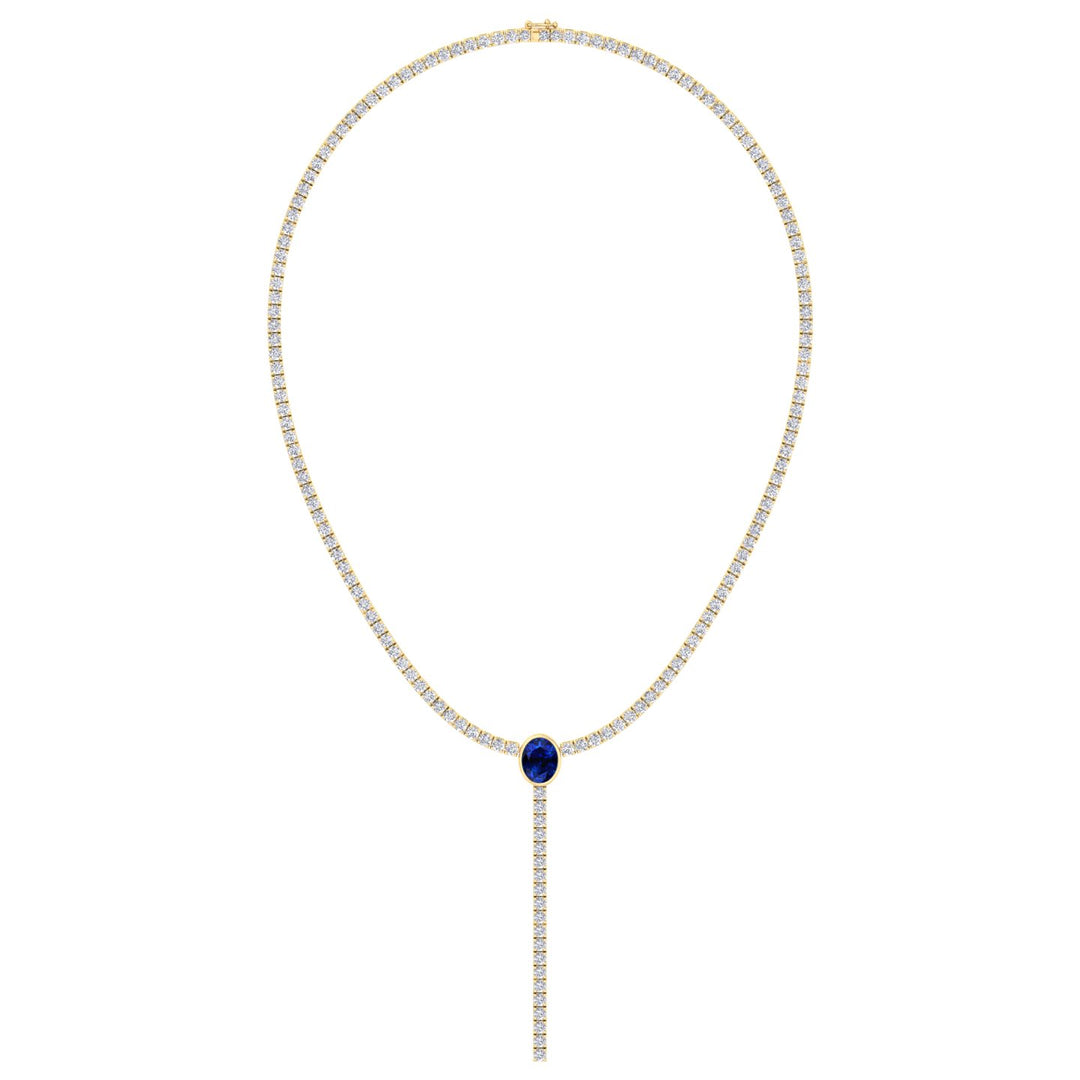 10.50CT T.W Round Natural Diamond Lariat Tennis Necklace with Natural Blue Sapphire Centerpiece