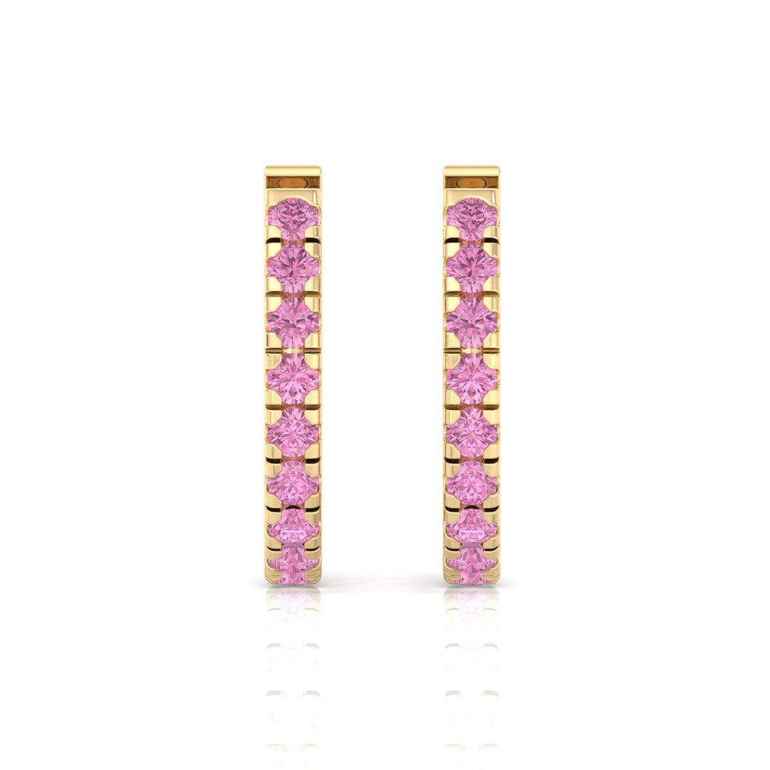 Natural Pink Sapphire Round Shape Huggie Hoop Earrings Yellow Gold 1