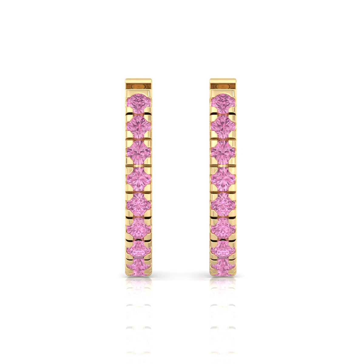 Natural Pink Sapphire Round Shape Huggie Hoop Earrings Yellow Gold 1
