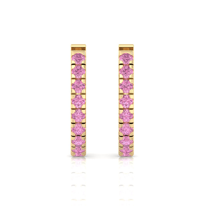 Natural Pink Sapphire Round Shape Huggie Hoop Earrings Yellow Gold 1