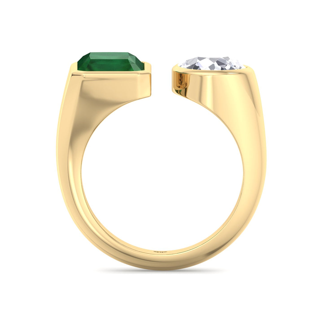 Pamina - Bezel Set Toi Et Moi Green Emerald and Pear Shape Diamond Open Ring - Gem Jewelers Co