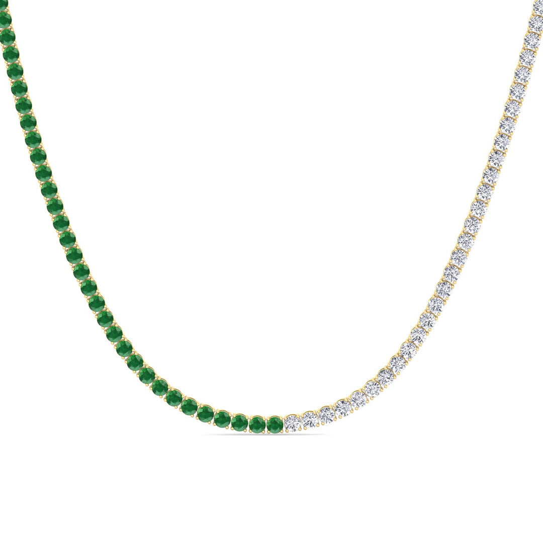 Natural Half Green Emerald and Diamond Tennis Necklace Yellow Gold 18K