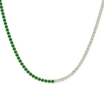 Natural Half Green Emerald and Diamond Tennis Necklace Yellow Gold 18K