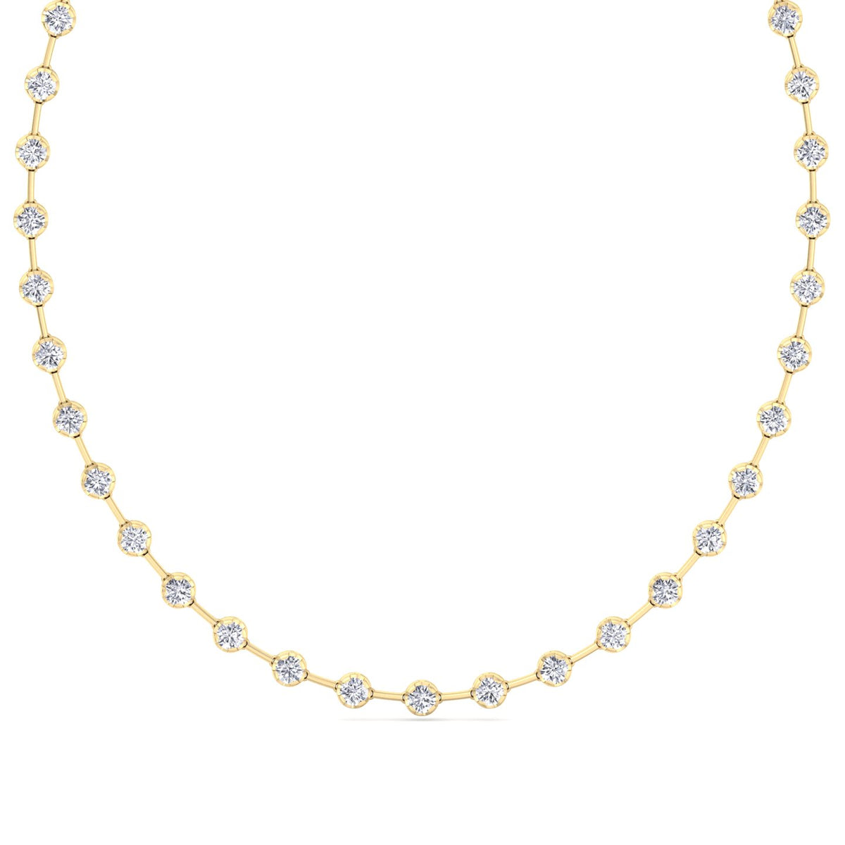Crown Prong Round Natural Diamond Bar Necklace Yellow Gold  18K