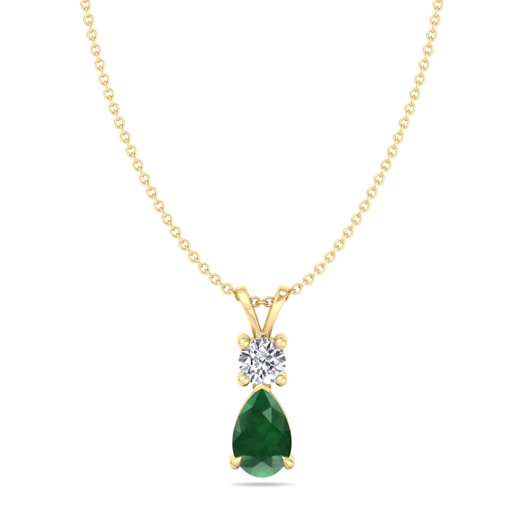 Natural Pear Shape Green Emerald & Round Shape Diamond Teardrop Pendant Necklace