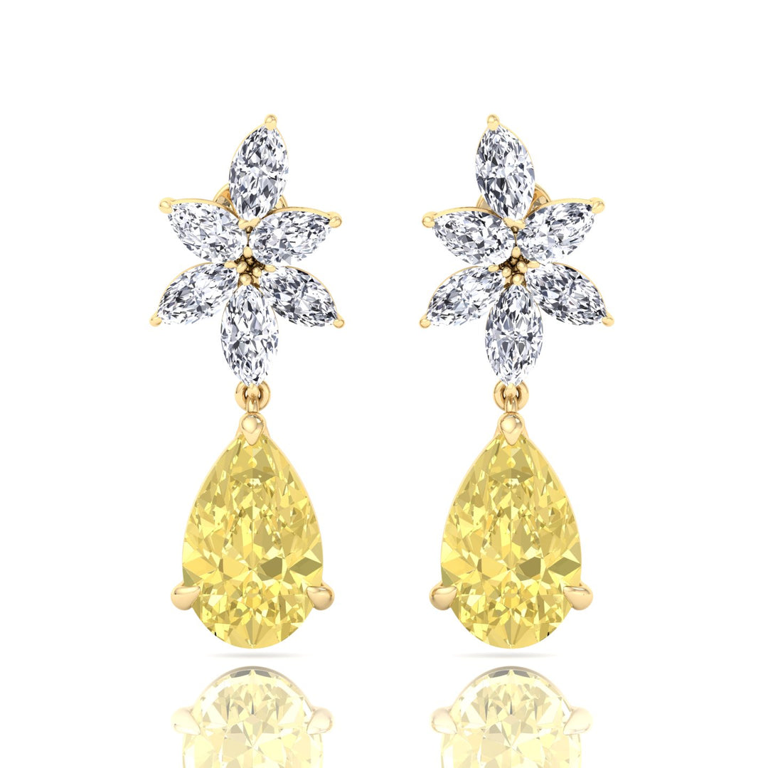 Pear & Marquise Cut Natural Diamond & Fancy Yellow Diamond Cluster Drop Earrings