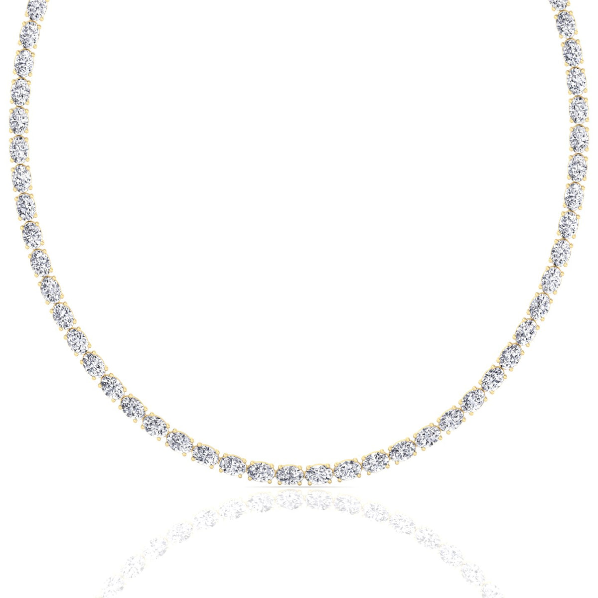 Oval Shape East to West Natural Diamond Tennis Necklace Yellow Gold 18K