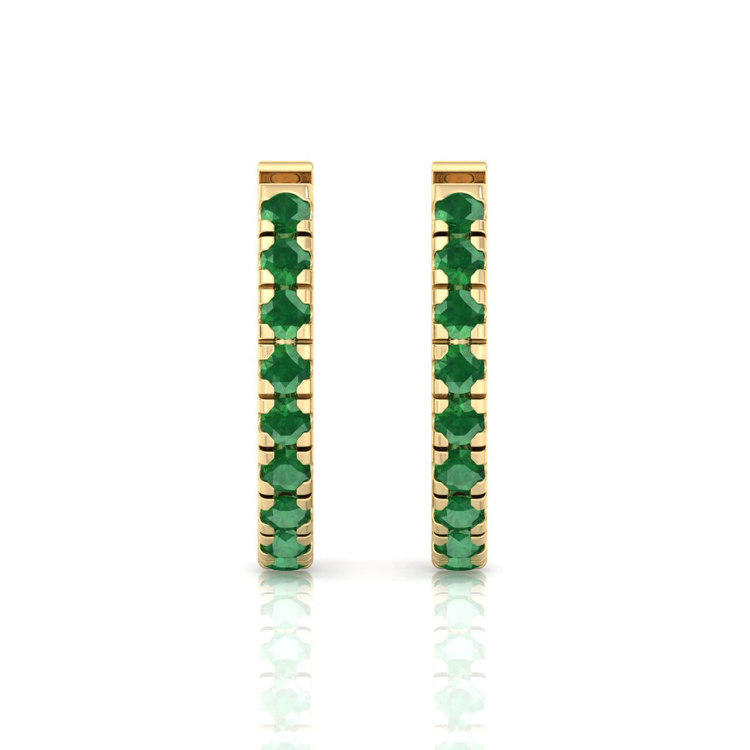 Natural Green Emerald Round Shape Huggie Hoop Earrings Yellow Gold 18K 1