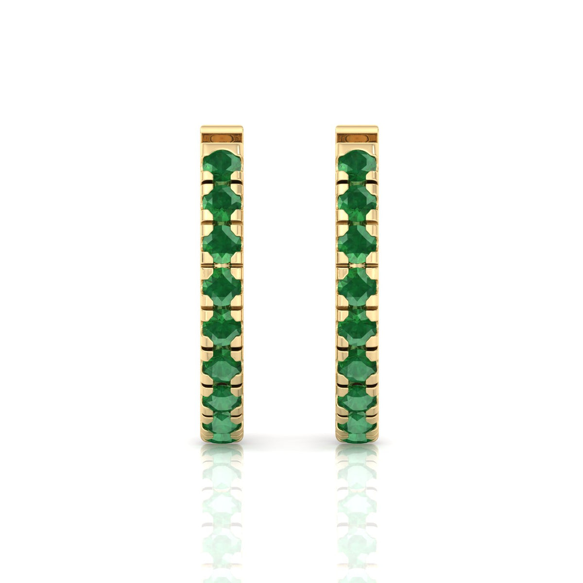 Natural Green Emerald Round Shape Huggie Hoop Earrings Yellow Gold 18K 1