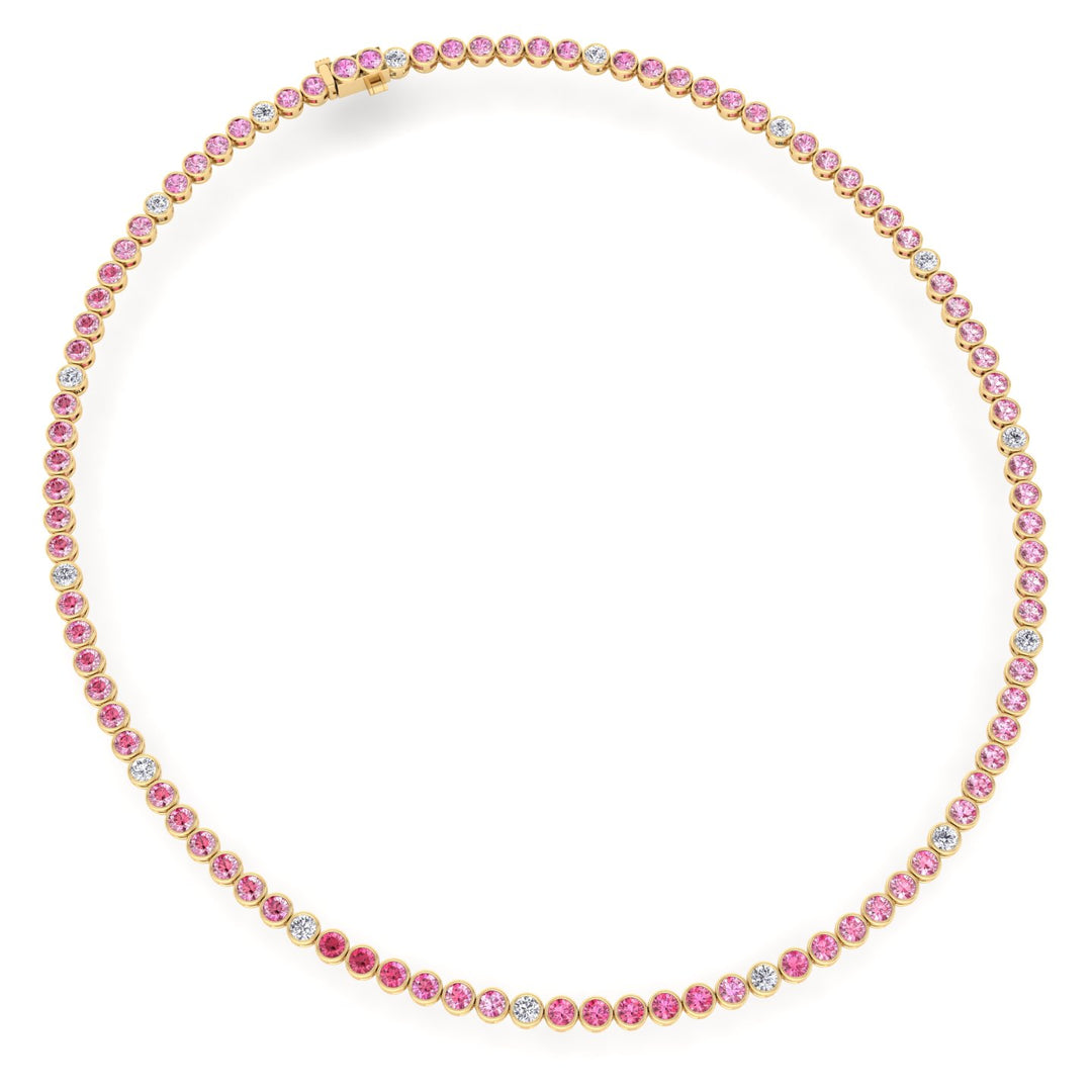 Bezel Set Natural Pink Sapphire Tennis Necklace with Diamonds
Yellow Gold 14K 