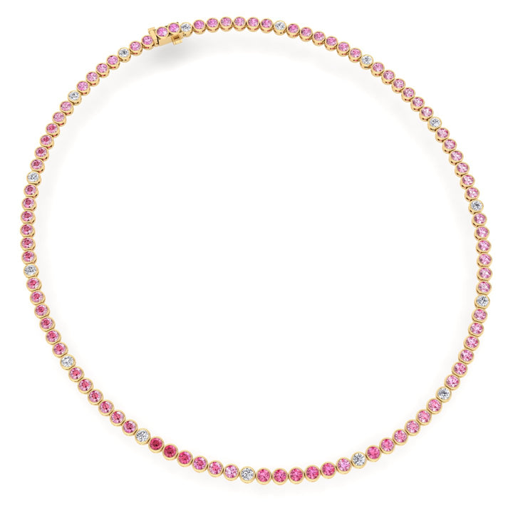Bezel Set Natural Pink Sapphire Tennis Necklace with Diamonds
Yellow Gold 14K 