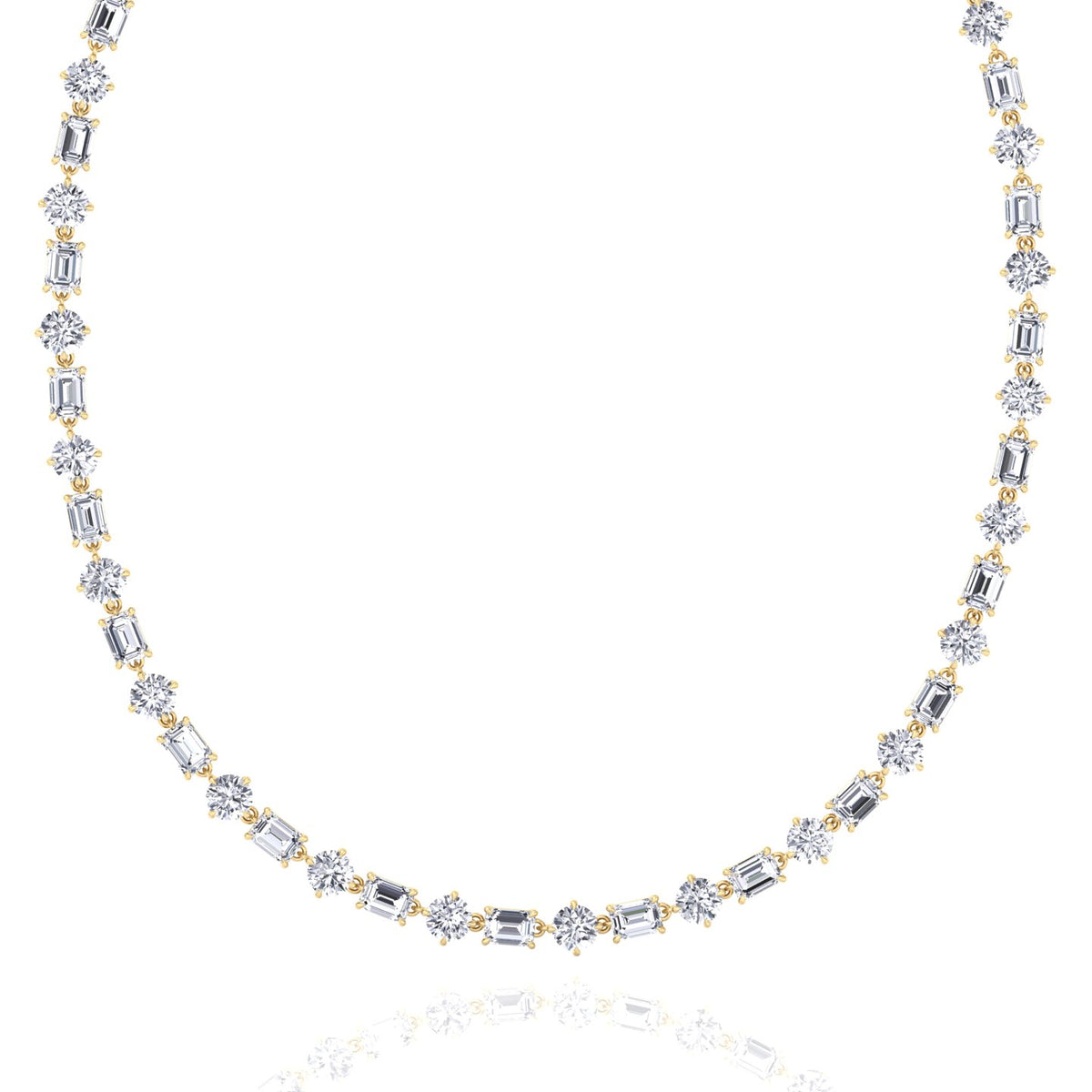 Alternating Emerald and Round Natural Diamond Tennis Necklace Yellow Gold 14K 