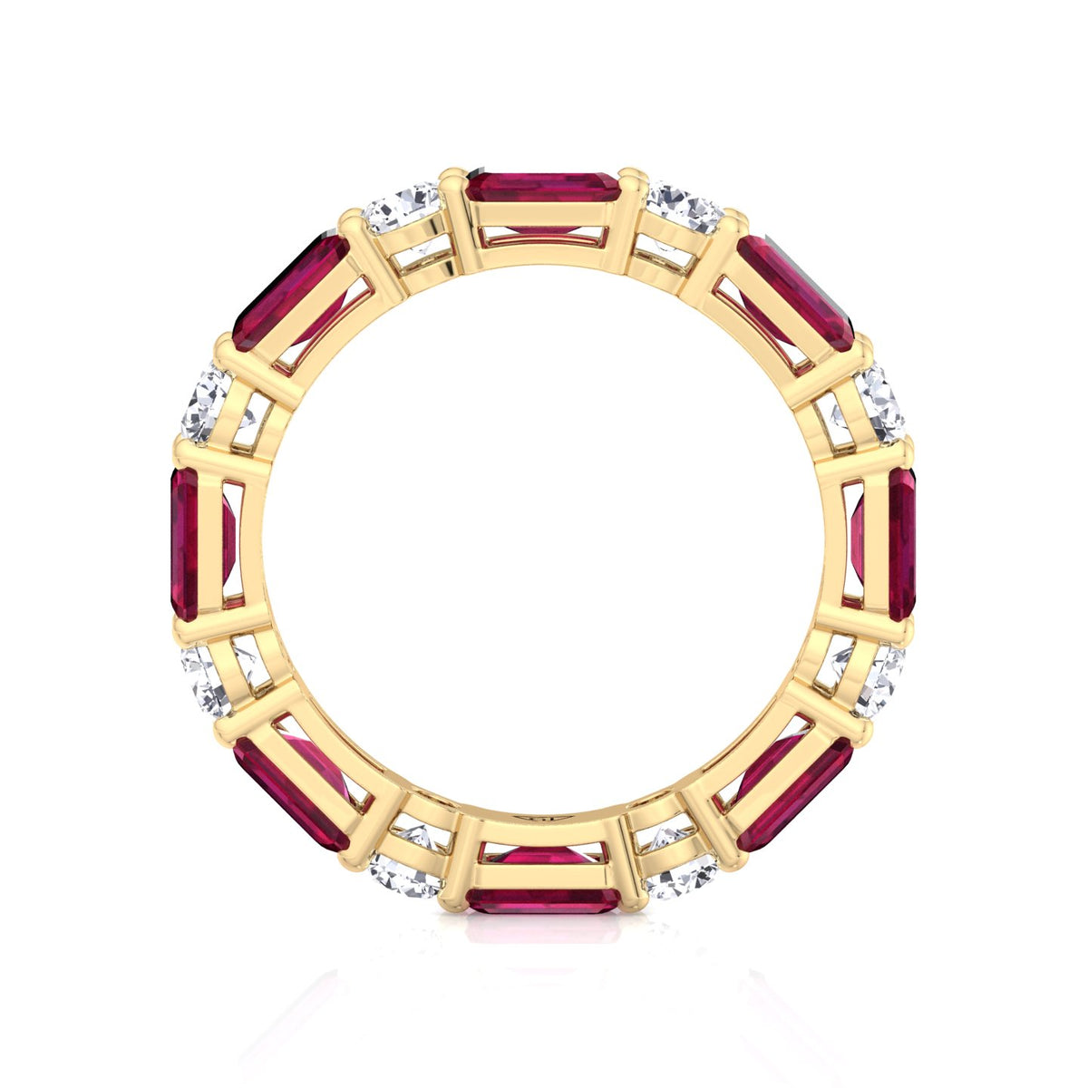 Alternating Natural Emerald Shape Red Ruby and Round Shape Diamond Eternity Band Yellow Gold