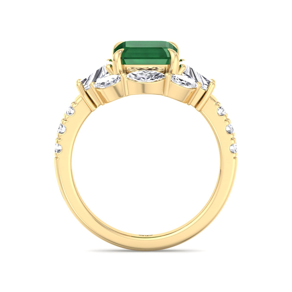 Anzola - Emerald Shape Green Emerald Engagement Ring with Marquise, Trapezoid, and Round Side Stones - Gem Jewelers Co