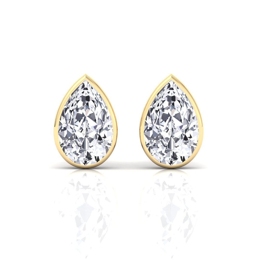 Bezel Set Pear Shape Natural Diamond Studs-14K-18K-0.5CT-1CT-2CT-Yellow Gold