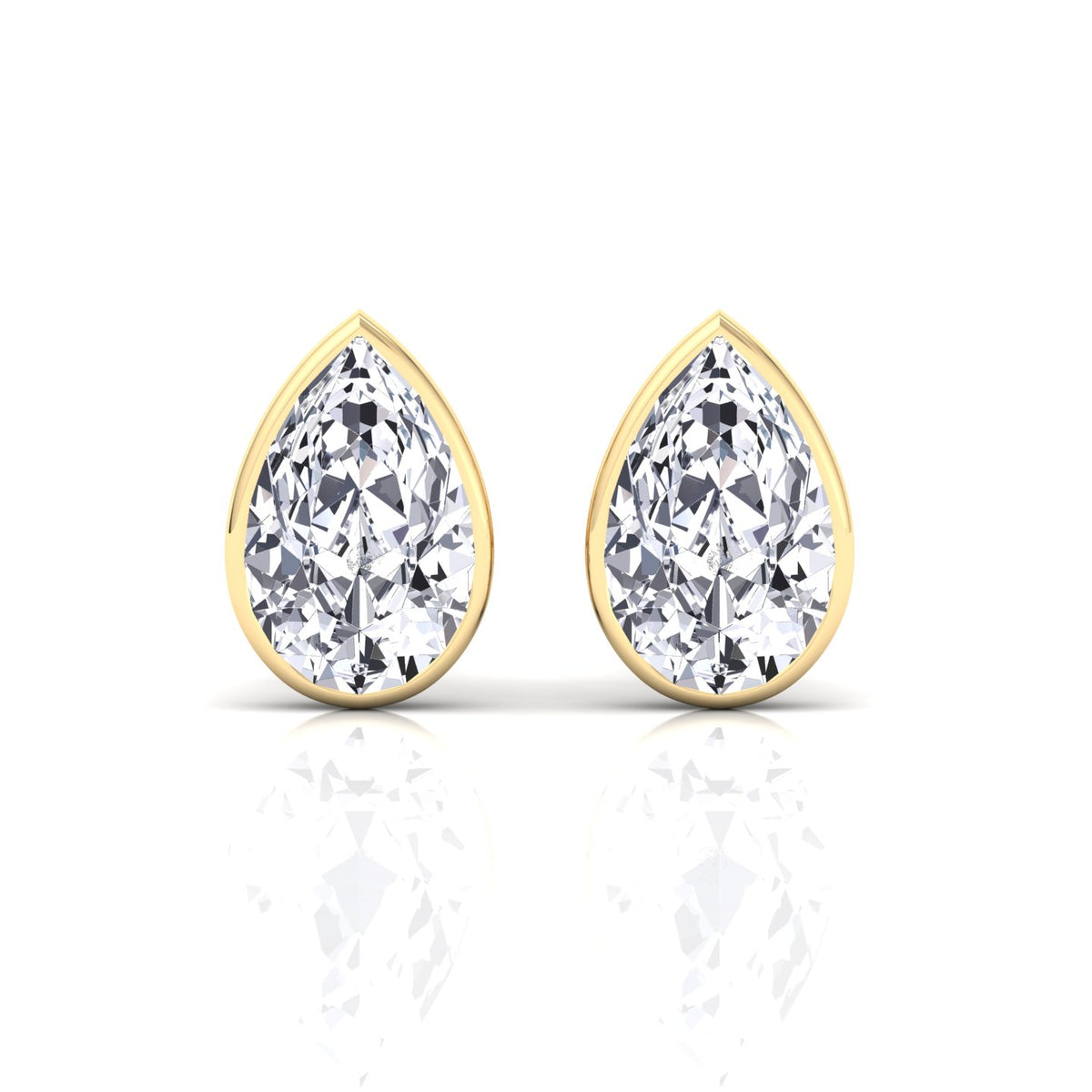 Bezel Set Pear Shape Natural Diamond Studs-14K-18K-0.5CT-1CT-2CT-Yellow Gold