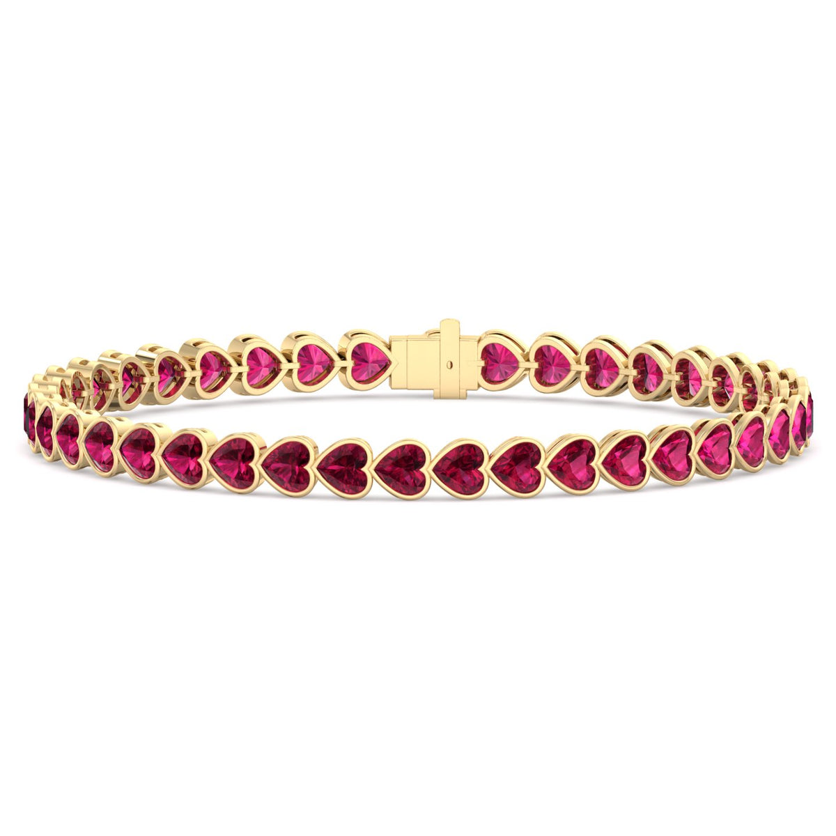 East to West Heart Shape Bezel Set Natural Red Ruby Tennis Bracelet Yellow Gold 18K