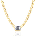 Bezel Set Emerald Cut Natural Diamond Cuban Chain Necklace Yellow Gold 18K