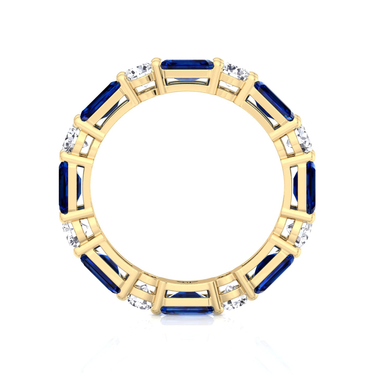 Alternating Natural Emerald Shape Blue Sapphire and Round Shape Diamond Eternity Band Yellow Gold