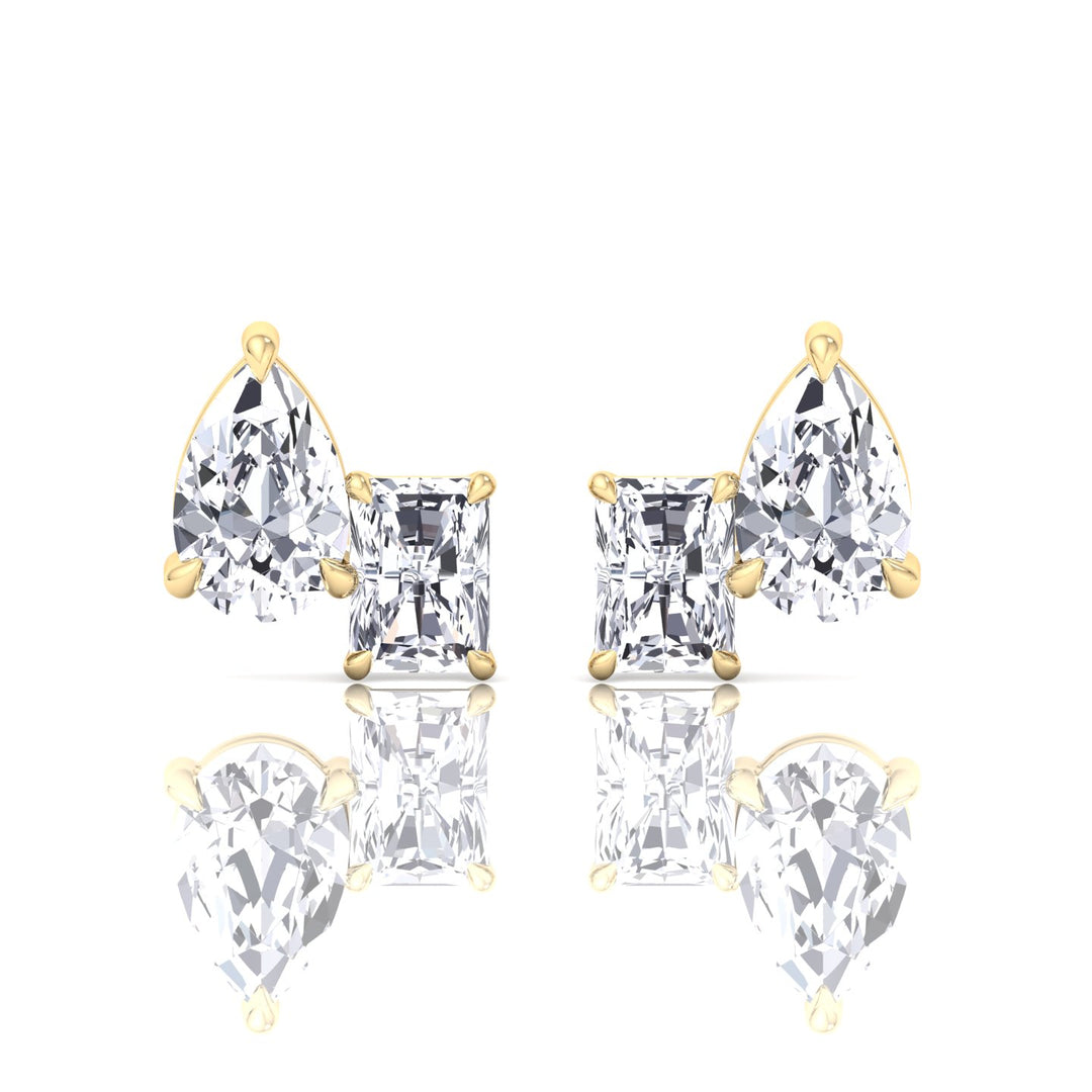 Radiant and Pear Shape Toi Et Moi Natural Diamond Studs-14K-18K-- Yellow Gold