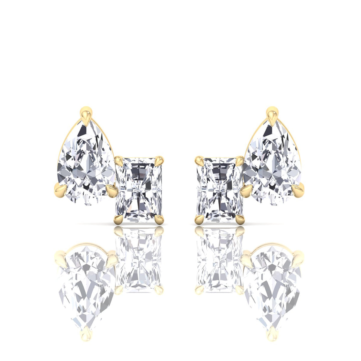 Radiant and Pear Shape Toi Et Moi Natural Diamond Studs-14K-18K-- Yellow Gold