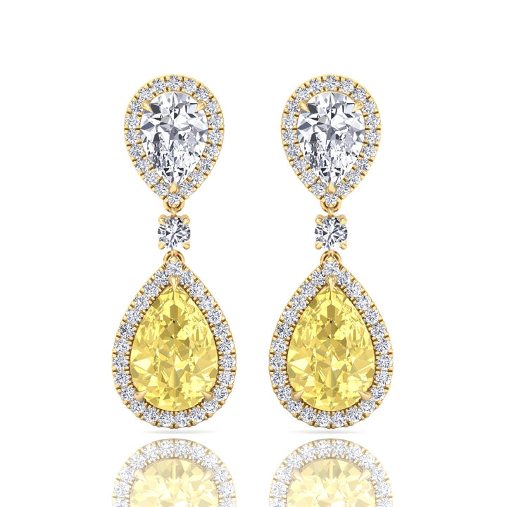 Pear & Round Cut Natural Diamond & Fancy Yellow Diamond Halo Drop Earrings