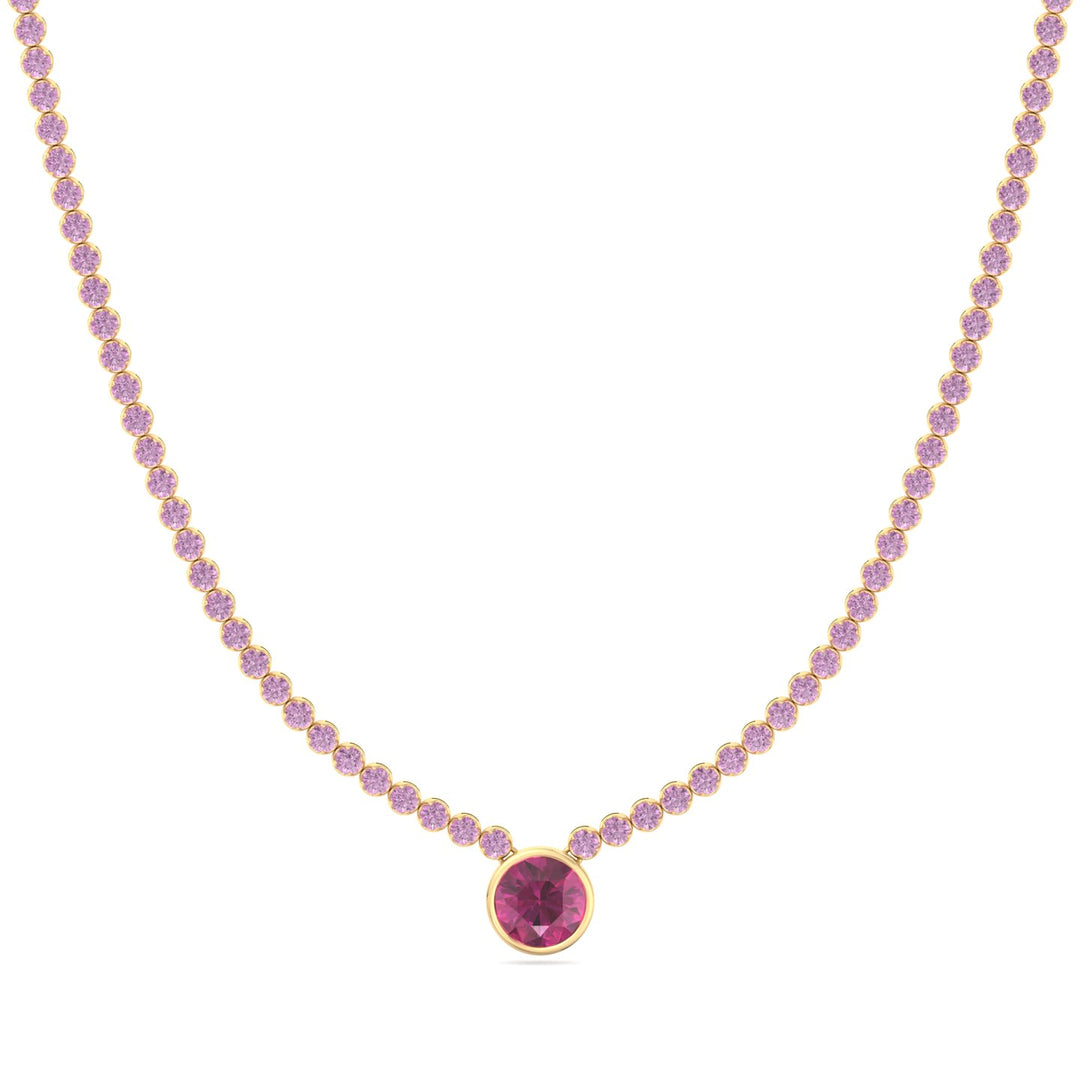 9.5CT T.W Round Cut Crown Prong Natural Pink Sapphire Tennis Necklace with Round Bezel Pendant