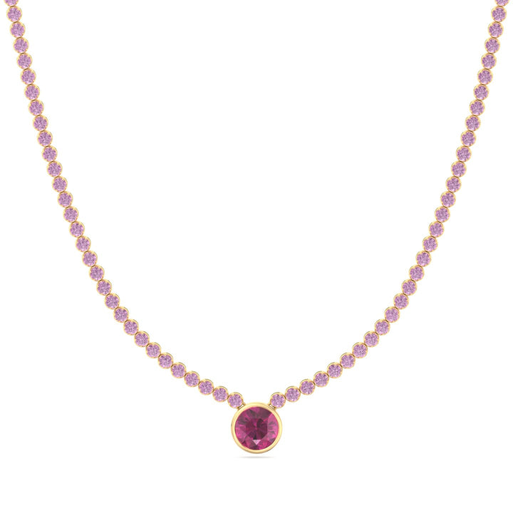 9.5CT T.W Round Cut Crown Prong Natural Pink Sapphire Tennis Necklace with Round Bezel Pendant