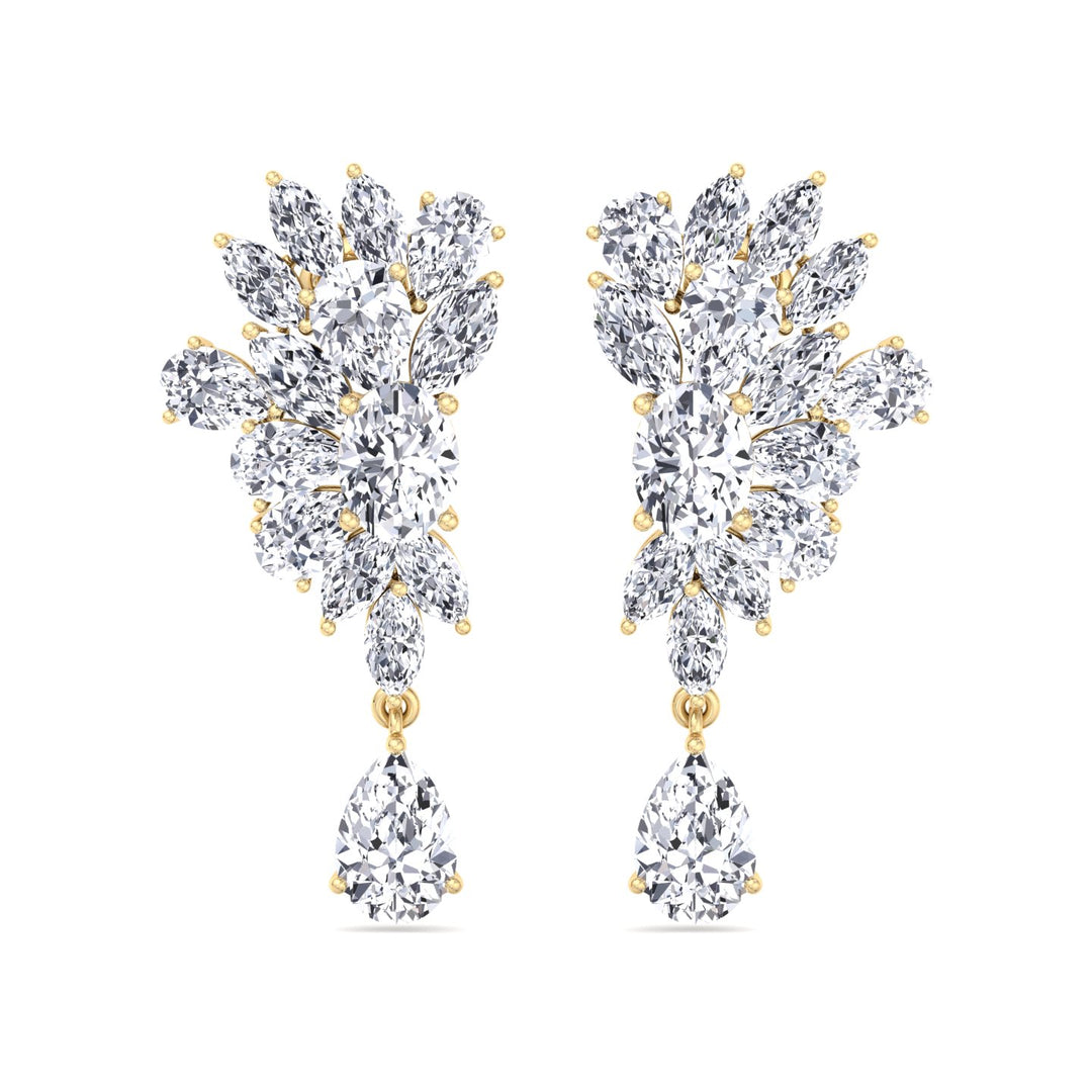 Cluster Marquise and Pear Shape Natural Diamond Drop Earrings Yellow Gold 14K