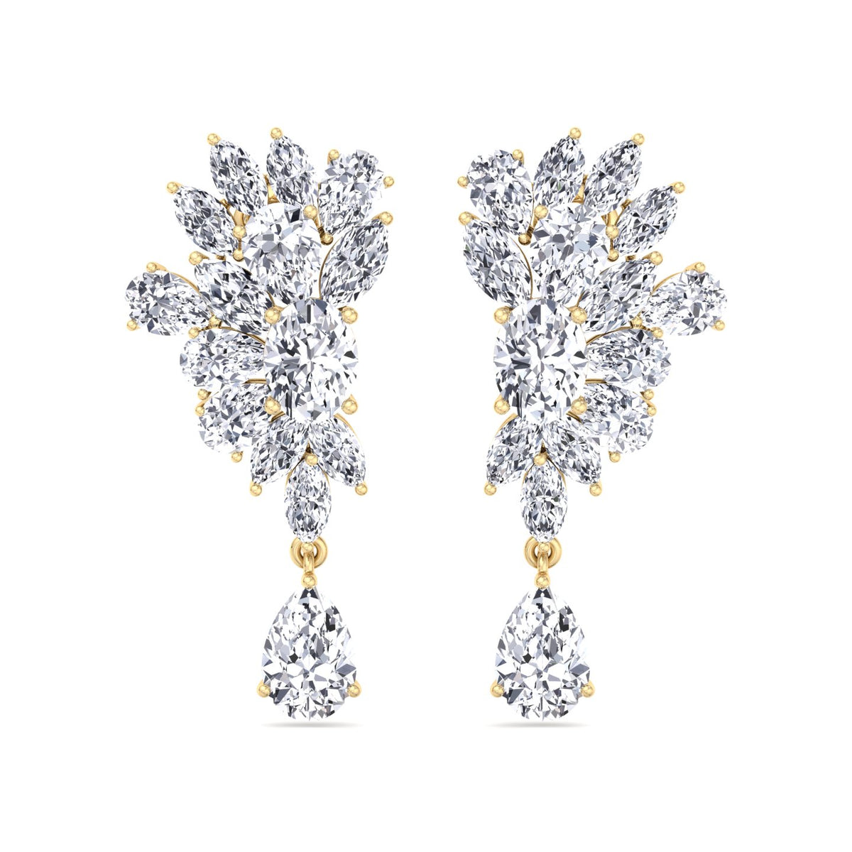 Cluster Marquise and Pear Shape Natural Diamond Drop Earrings Yellow Gold 14K