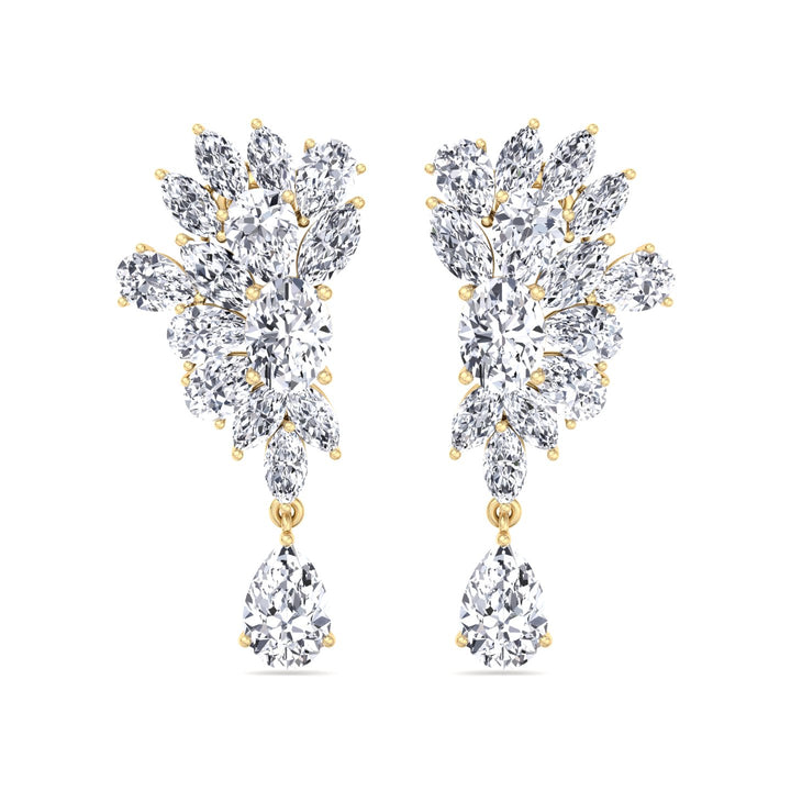 Cluster Marquise and Pear Shape Natural Diamond Drop Earrings Yellow Gold 14K