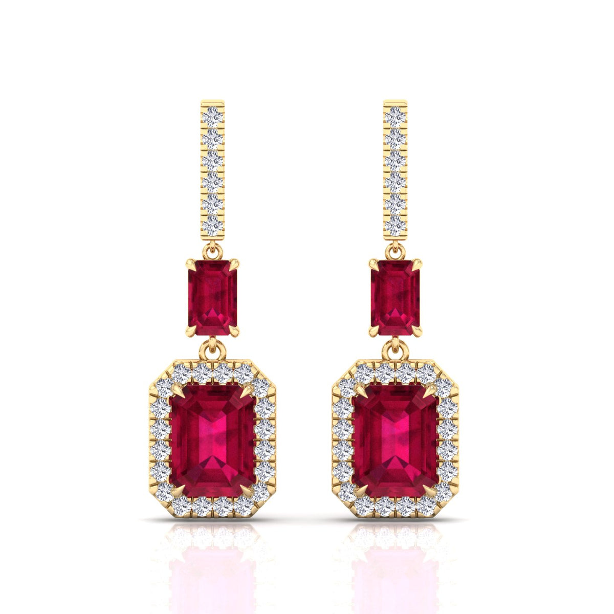 Natural Red Ruby Emerald Shape & Diamond Drop Earrings- Yellow Gold