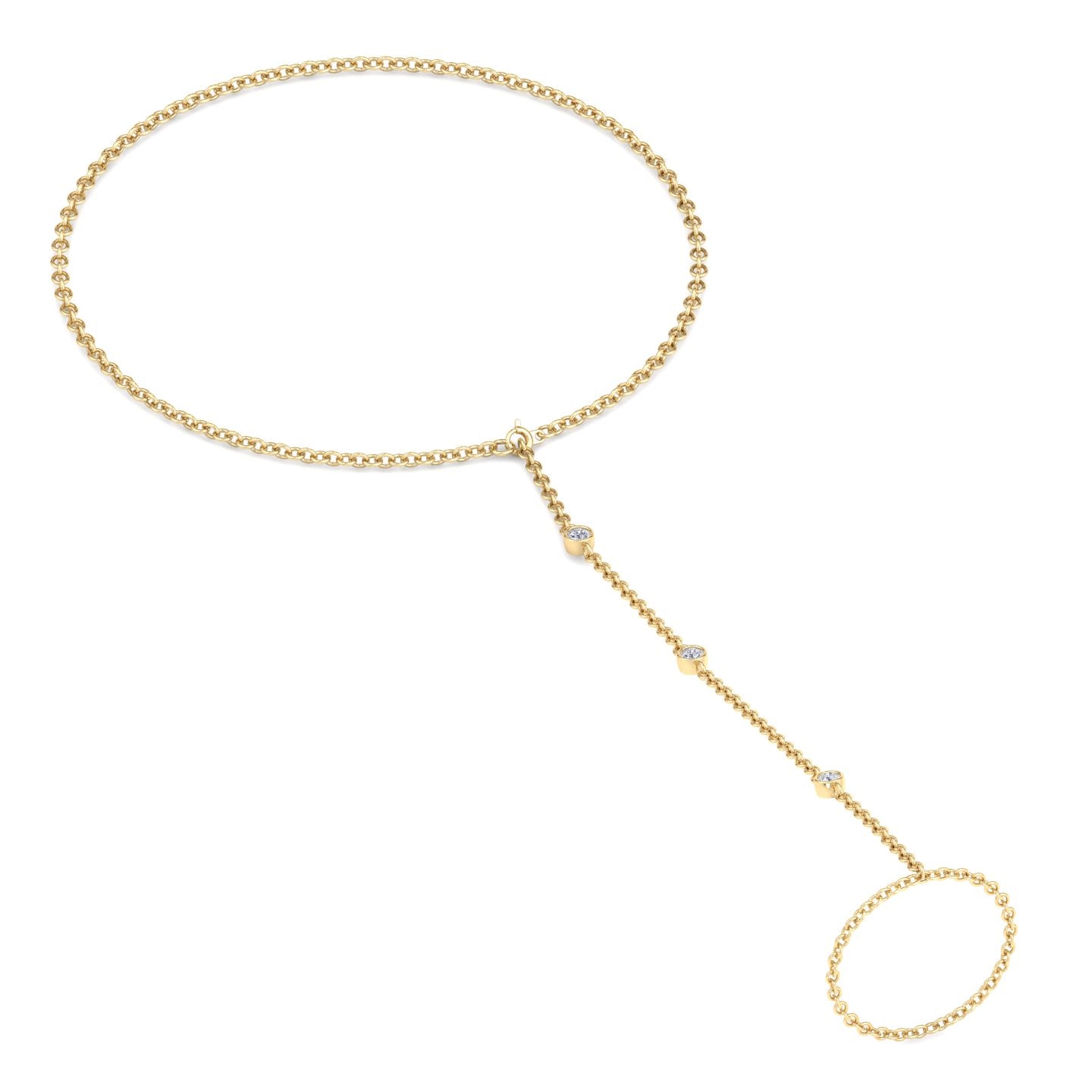 Bezel Set Round Shape Natural Diamond Hand Ring Chain Yellow Gold 14K 0.75ct