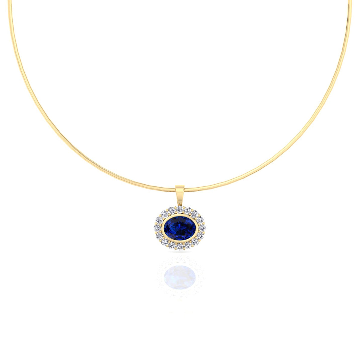 Oval Shape Natural Blue Sapphire and Diamond Halo Pendant in Omega Chain Yellow Gold 18K