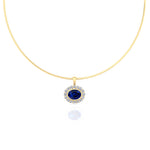 Oval Shape Natural Blue Sapphire and Diamond Halo Pendant in Omega Chain Yellow Gold 18K