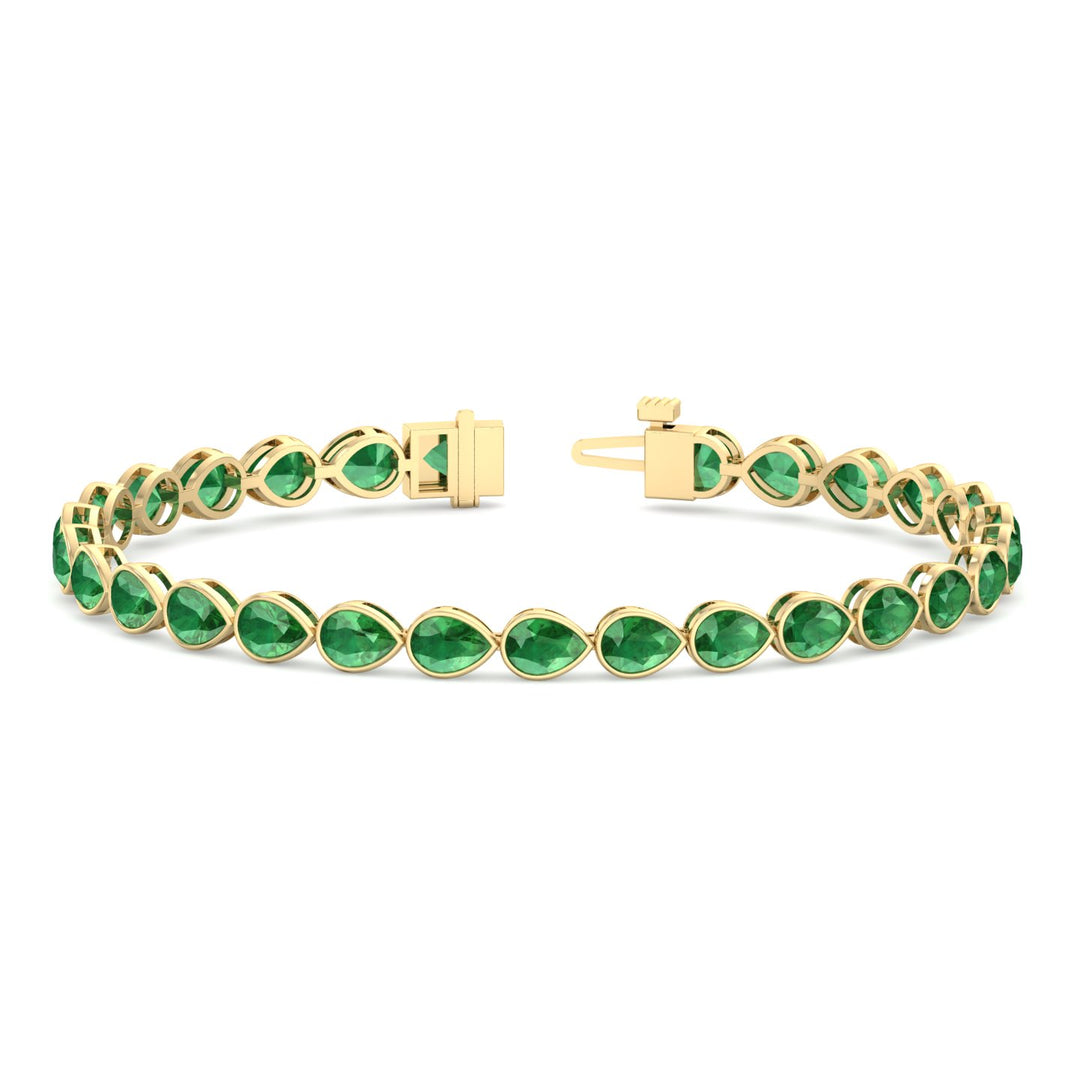 East West Pear Shape Natural Green Emerald Tennis Bracelet Yellow Gold 18K