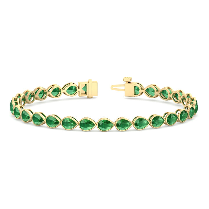 East West Pear Shape Natural Green Emerald Tennis Bracelet Yellow Gold 18K