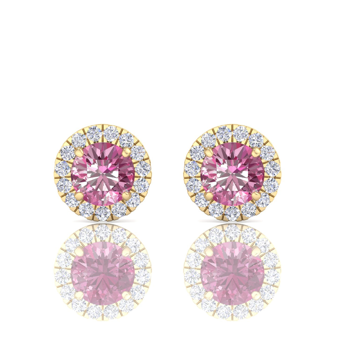 Round Shape Natural Pink Sapphire & Diamond Halo Studs