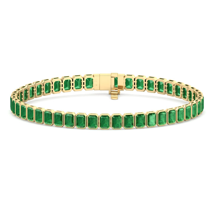 Bezel Set Emerald Cut Natural Green Emerald Tennis Bracelet Yellow Gold 14K 18K