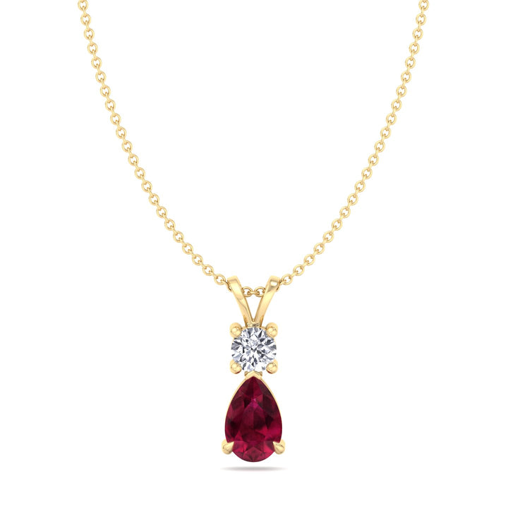 Natural Pear Shape Red Ruby & Round Shape Diamond Teardrop Pendant Necklace